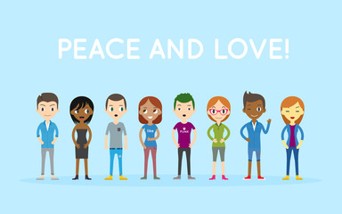 Peace and Love! Group of people diversity, diverse business men and business women standing on blue background. Vector illustration of flat design people characters.