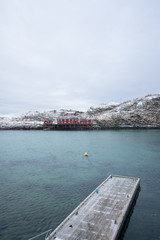 Red house located on the coast of Sakrisoy Village in Lofoten Island,Norway / Winter time 