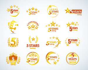 	
Golden Five stars logo template set. 5 star rating emblems set. Isolated Vector illustration.