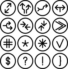 Black round icons isolated on white.