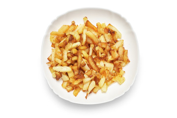 Fried potatoes in a white plate on a white background isolated