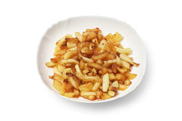 Fried potatoes in a white plate on a white background isolated