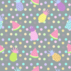 Pineapple and watermelon seamless patterns on dot background for printing and summer banner design, wallpaper and textile fabric print. Vector illustration.