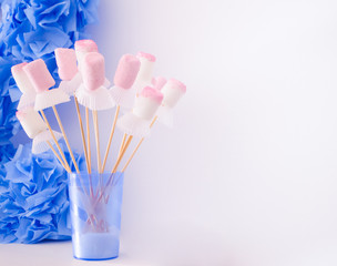 White and Pink Marshmallow Candies on Sticks with White Baking Cups. Kids Party Food and Decoration