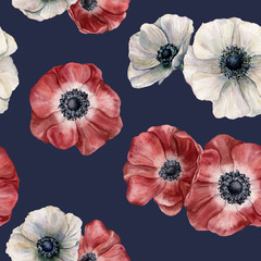 Watercolor anemone pattern on dark blue background. Hand painted isolated red and white flowers. Illustration for design, fabric, print or background.
