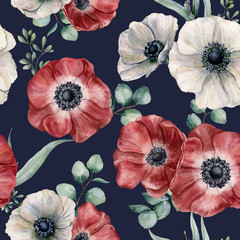 Watercolor anemone seamless pattern on dark blue background. Hand painted isolated red and white flowers, eucalyptus leaves. Illustration for design, fabric, print or background.