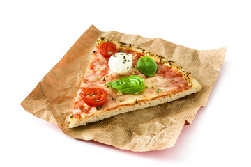 Italian pizza slice with tomatoes, cheese and basil isolated on white background
