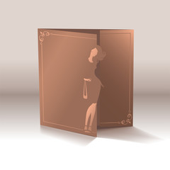 Greeting card with a portrait (silhouette) of a woman in profile. Girl with a bag is full-length 