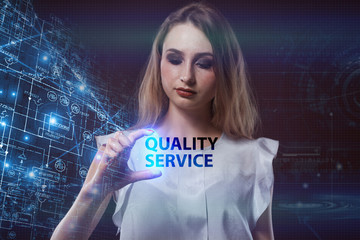 The concept of business, technology, the Internet and the network. A young entrepreneur working on a virtual screen of the future and sees the inscription: Quality service