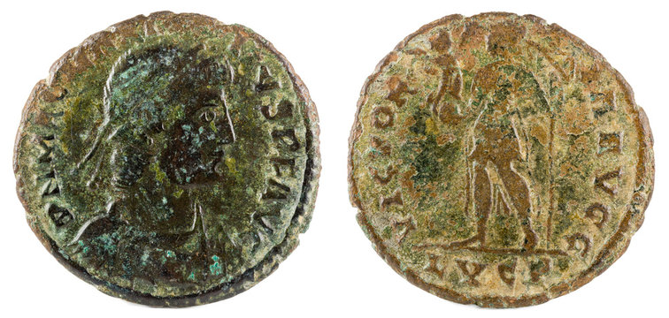 Ancient Roman copper coin of Emperor Magnus Maximus.