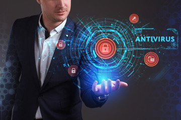 Business, Technology, Internet and network concept. Young businessman working on a virtual screen...