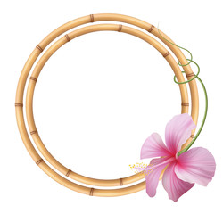 Realistic bamboo frame with hibiscus pink flower.