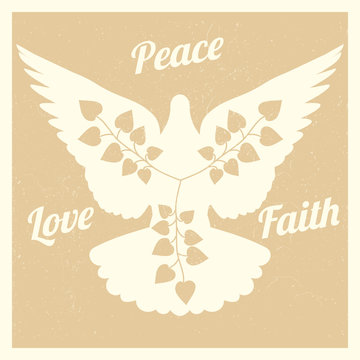 Grunge background with flying dove and branches silhouettes