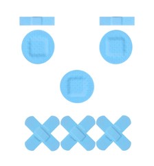 Funny Boy Face with various light blue Strips of FIRST AID PLASTER - Medical Equipment