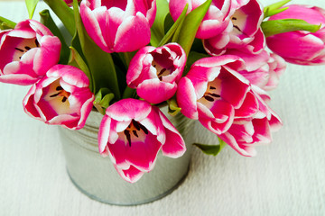 Pink tulip bouquet on light background, copy space