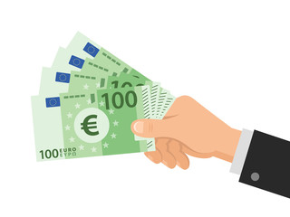 Hand holds money Euro 100 banknotes. Business concept. Isolated on white background. Flat Style. Vector illustration. - obrazy, fototapety, plakaty