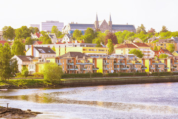 River Nidelva, residential district along the river and the area Gloeshaugen in the norwegian city Trondheim 