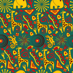 Seamless vector background with African elements and cute animals