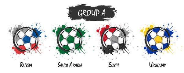 Naklejka premium Set of national football team group A . Realistic watercolor art paint with stained splash color . Flat design . Vector for international world championship tournament cup 2018