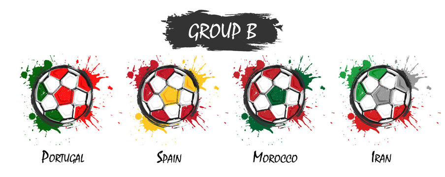 Set of national football team group B . Realistic watercolor art paint with stained splash color . Flat design . Vector for international world championship tournament cup 2018
