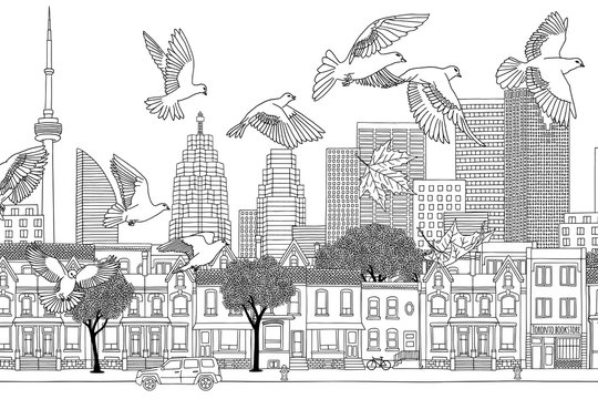 Birds over Toronto - hand drawn black and white illustration of the city with a flock of pigeons