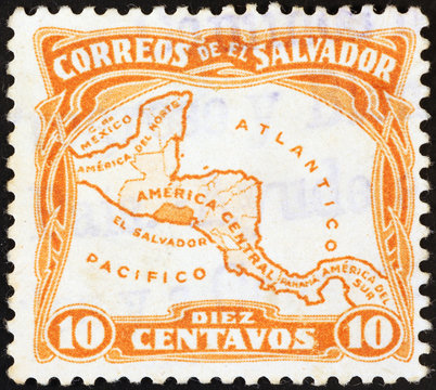 El Salvador map on vintage postage stamp