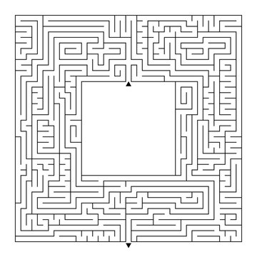 A huge square labyrinth with an entrance and an exit. Simple flat vector illustration isolated on white background. With a place for your drawings