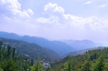 Fototapeta na wymiar Landscape in shimla with mountains and trees shot against a cloudy sky. Perfect place for a hill station summer vacation