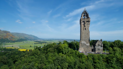 Aerial image of the Wallace Monument on Abbey Craig in Scotland.