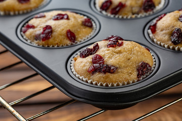 Homemade muffins with cherry in a baking form