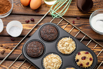 The process of making muffins in bright silicone forms. Cooking process. Preparation stage