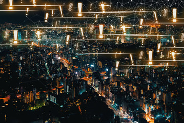 Exclamation Marks with aerial view of Tokyo, Japan at night