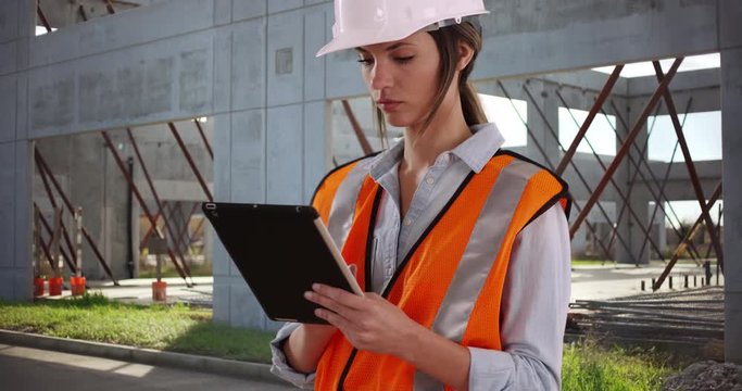 Woman in orange vest and hardhat working on tablet device at construction site, Focused female construction worker hard at work on pad device at building site, 4k