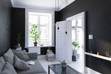 Black living room interior, Scandinavian style, 3d render