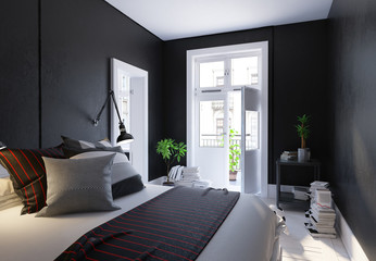 Black living room interior, Scandinavian style, 3d render