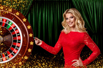 Collage of casino images with roulette and woman with chips in hands