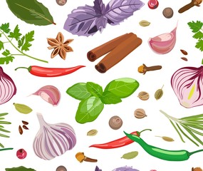 Seamless pattern with spices and seasonings on white background. Vector