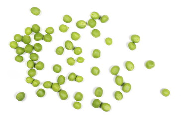 fresh green grains peas isolated on white background, top view
