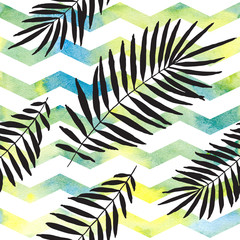 black palm leaves seamless pattern with watercolor chevron background