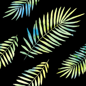 watercolor palm leaves seamless pattern with black background