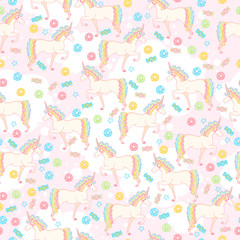 Elegant seamless pattern with sweet donuts and unicorns. Pink background with magical animal. 