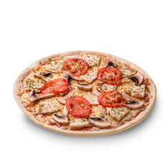Meat chicken and mushrooms pizza isolated on white background.