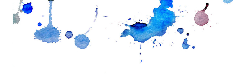 Blue watercolor splashes and blots on white background. Ink painting. Hand drawn illustration. Abstract watercolor artwork.