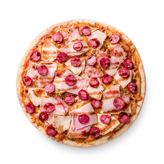 Ham and sausage pizza on white background. Copy space. Recipe and menu. Top view.