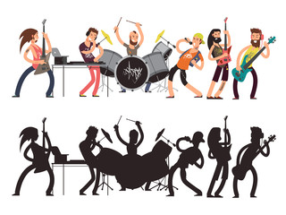 Music performance with young musicians. Rock concert vector flat concept. Set of cartoon characters and musician silhouettes