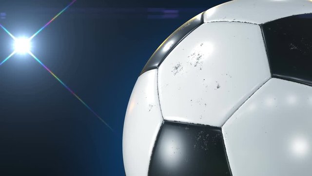 Beautiful Soccer Ball Rotating Close-up in Slow Motion on Black with Photo Flashes. Looped Football 3d Animation of Turning Ball. 4k Ultra HD 3840x2160.