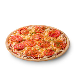 Pizza with cheese and tomato isolated on white background. Pizza margarita top view.
