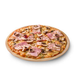 Fresh pizza with mushrooms, ham, cheese on white background. Copy space. Top view.