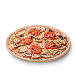 Meat chicken and mushrooms pizza isolated on white background.