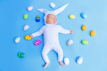 kid surrounded by eggs